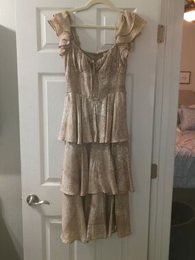 Francesca's Collections Beige Paisley Tiered Ruffle Maxi Dress